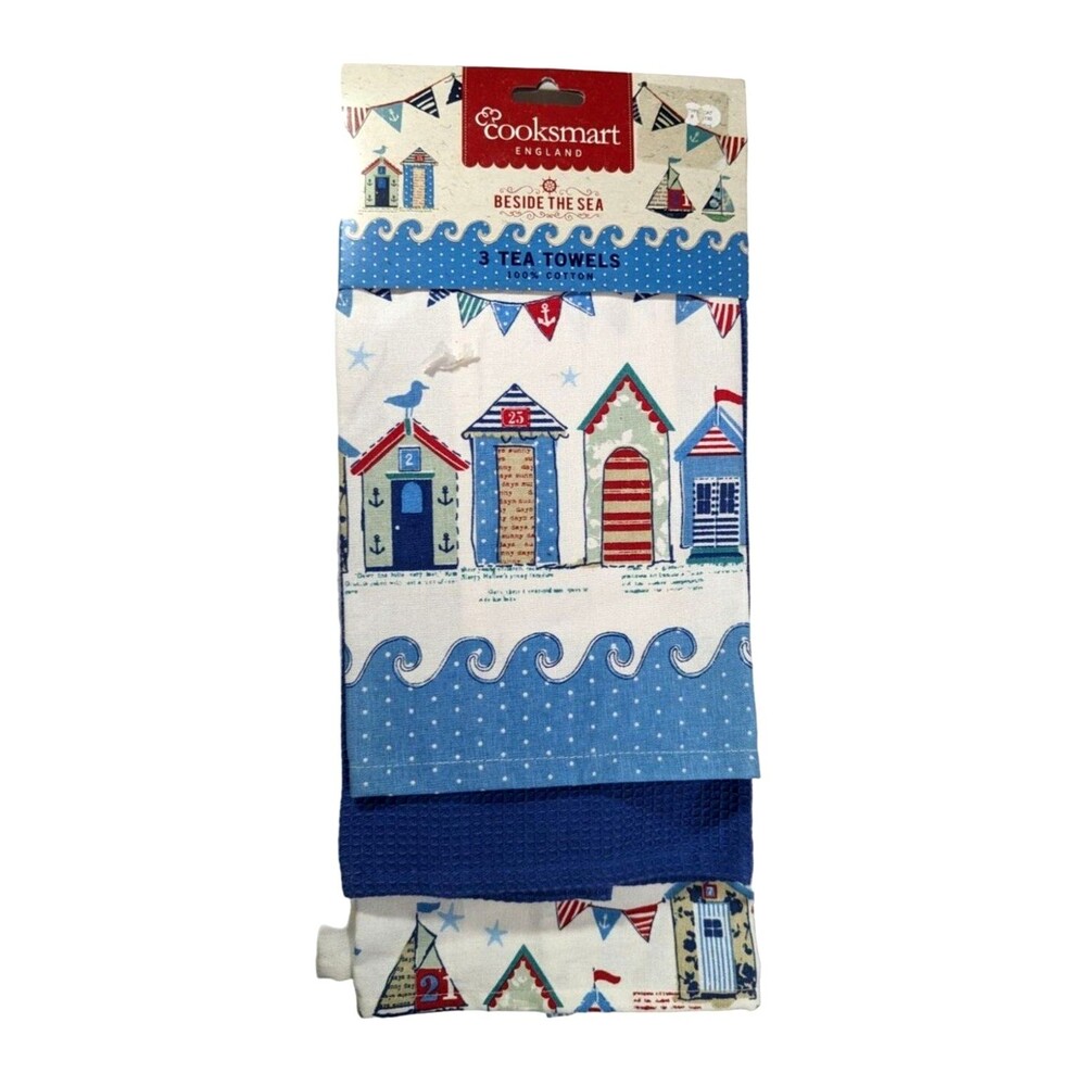 Cooksmart Beside the Sea Nautical Kitchen Tea Towels 3-Pc Beach Cotton Gift NEW
